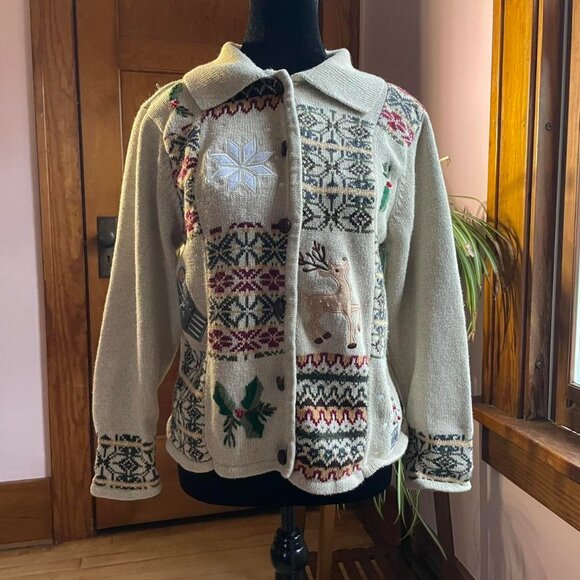 Vintage Y2K Ugly Christmas Sweater Cardigan L | Reindeer Fair Isle Holiday Party - Picture 1 of 7